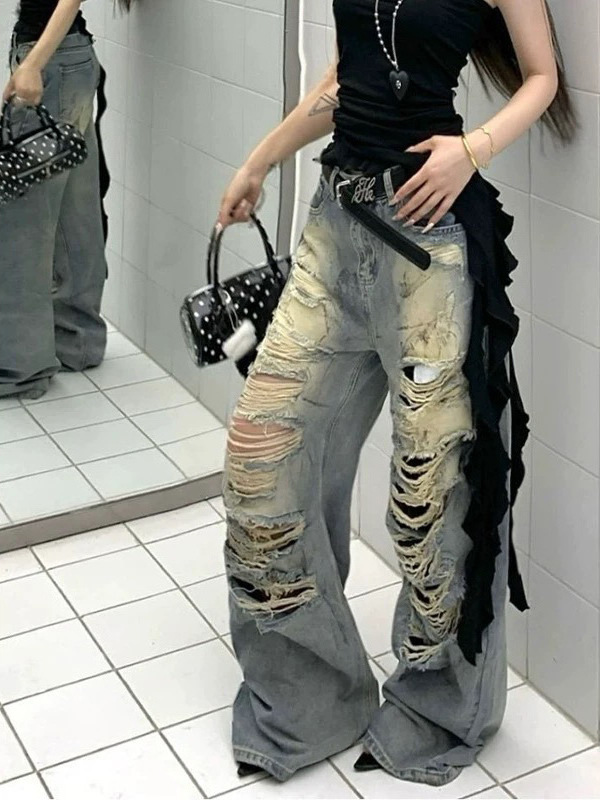 アメリカンホットガールレトロハイストリートリップドジーンズルーズストレートパンツレディース夏ワイドレッグパンツスリムフロアレングスパンツ|undefined