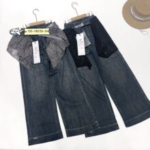 秋季女大童直筒阔腿牛仔裤 中大童 150‑180 松紧腰蕾丝装饰女孩