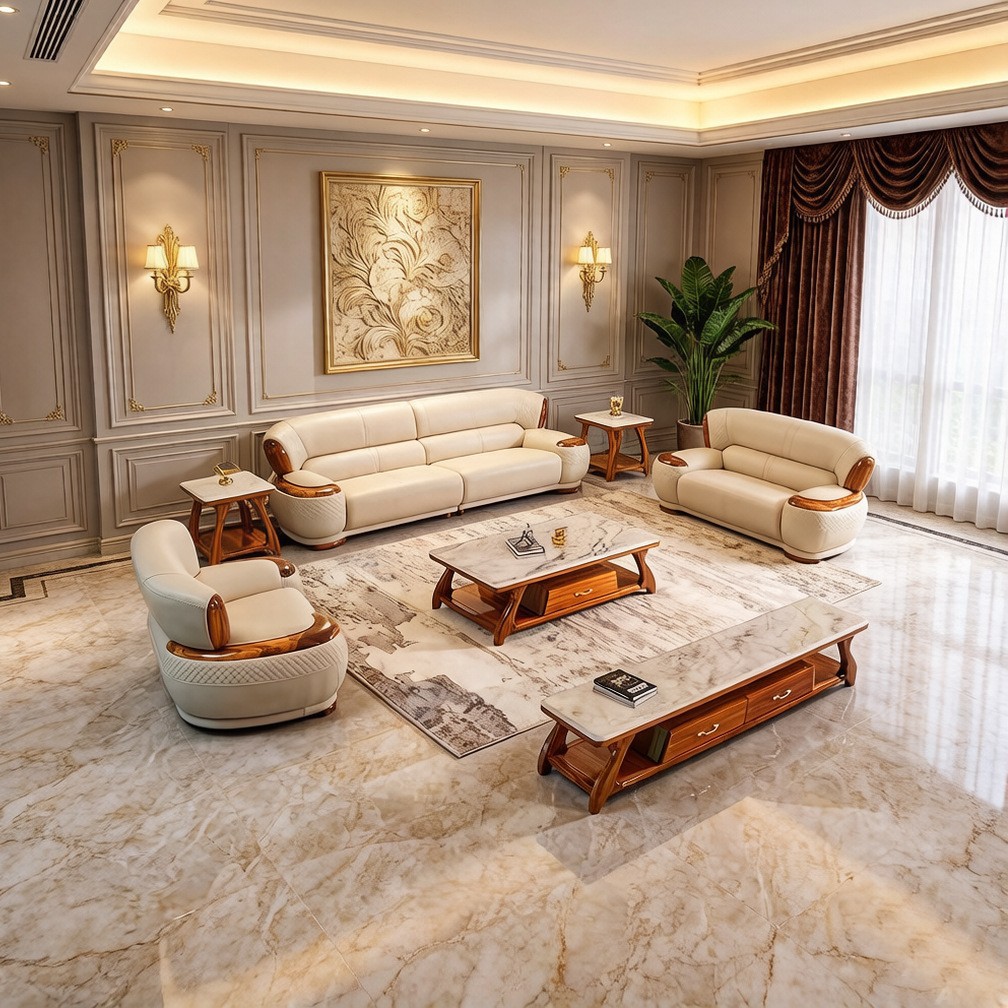 Ebony Leather Sofa New Chinese Style Solid Wood Top Layer Cowhide Living Room Furniture European Style Leather Sofa for Large and Small Apartments