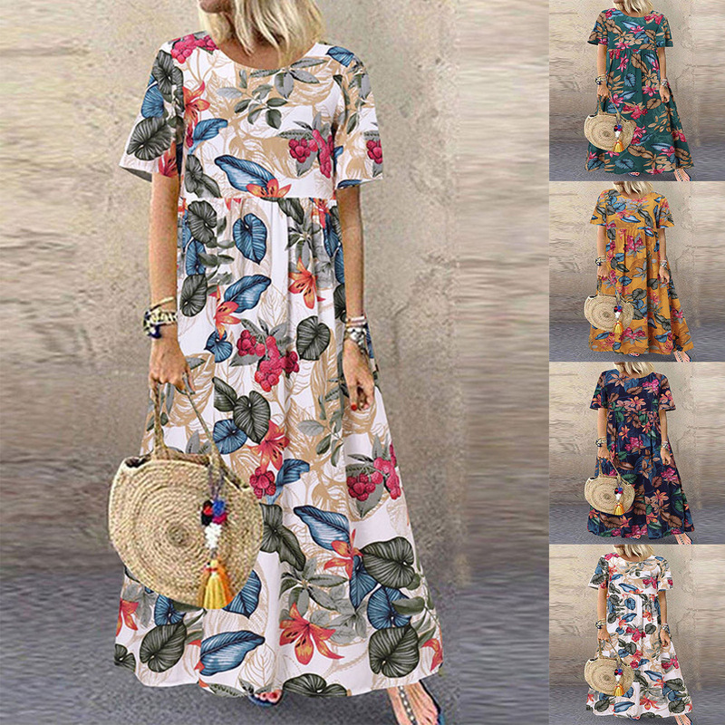 2026 European and American Cross-Border New Long Dress Amazon Round Neck Casual Women's Retro Floral Print Loose Short Sleeves 2026 European and American Cross-Border New Long Dress Amazon Round Neck Casual Women's Retro Floral Print Loose Short Sleeves