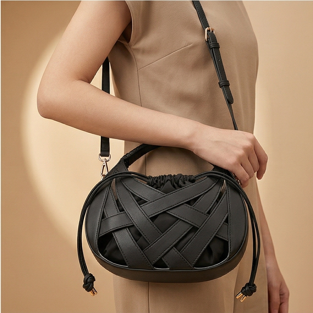 2026 Cross-Border Hot Sale Hollow Woven Underarm Bag Women's Light Luxury Niche Design Handbag Drawstring Half-Moon Bag - Thumbnail 4