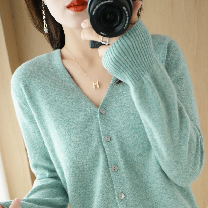 Cardigan Autumn Wear Korean Style V-Neck Sweater Loose Base Knit Long-Sleeve Women's Solid Color Top Jacket One-Piece Wholesale