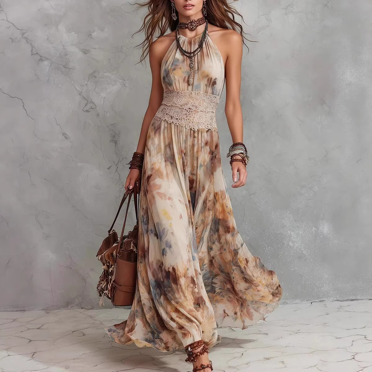 2026 European and American Women's Retro Oil Painting Floral Summer Spaghetti Strap Waist-Cinching Dress Seaside Vacation Long Dress Travel