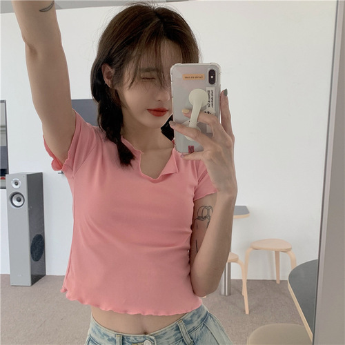 Green Fitted Lock Bone T-Shirt for Women V-Neck Short Sleeve 2025 Summer Short Length Bare Belly Hot Girl Upper Clothing for Women Trendy Hot Girl Style