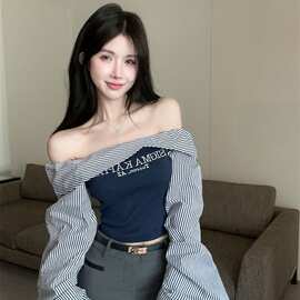 美式复古条纹撞色一字领露肩长袖衬衫韩版时髦洋气字母印花上衣女