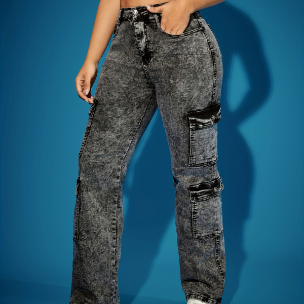 Women's Clothing High Elastic Multi Pocket Cargo Pants American Style Denim Trousers Hot Selling Jeans_voghion.com