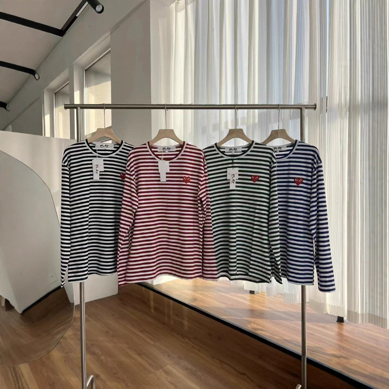 Chuanjiu 2023 Play Autumn Trendy Brand Embroidered Heart Striped Long-Sleeve T-Shirt for Women, Pure Cotton Red Heart Base Shirt, New for Spring
