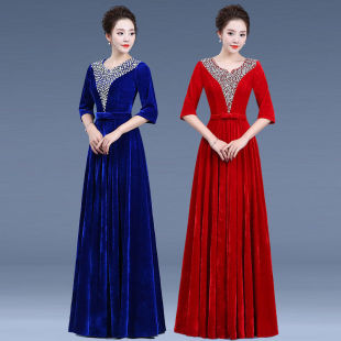 Golden Velvet Performance Dress Women's Long Dress New Adult Middle-aged and Elderly Red Song Competition Poetry Recitation Big Choir Dress