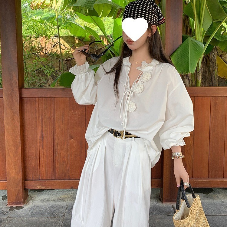 美   温情手作vintage毛边花朵白色绑带灯笼袖衬衫|undefined