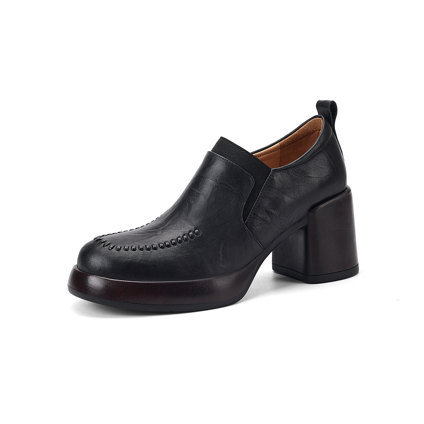 Giày loafer nữ da bò thật đế dày gót vuông 7 cm, miệng sâu, phong cách đơn giản — màu nâu chi tiết 13