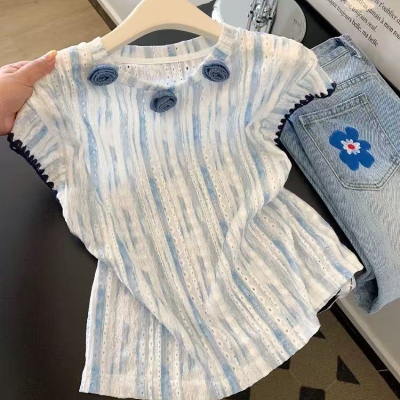 2025 新しい夏ブルーストライプ立体花フライングスリーブ半袖 Tシャツ韓国スタイルの夏の美しいシャツ女性のための|undefined