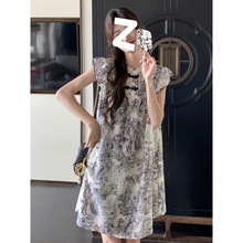 新中式中国风水墨盘扣无袖连衣裙女国风中式小飞袖印花复古裙子女