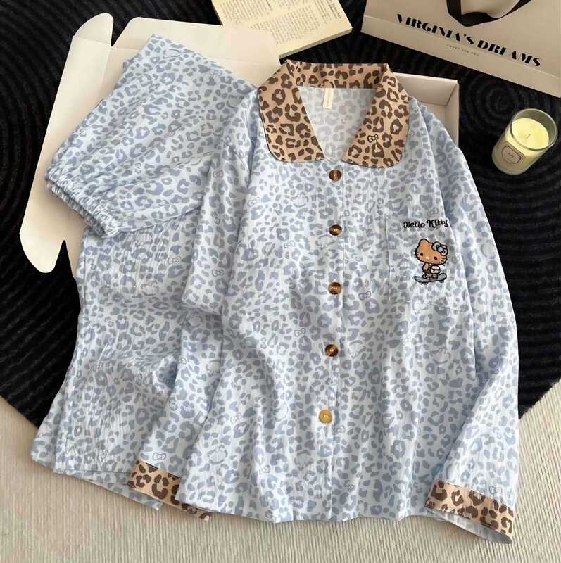 Autumn and winter women's pajamas, cloud cotton two-piece set, leopard print, lapel collar, cartoon long-sleeved long pants, cardigan, casual women's loungewear