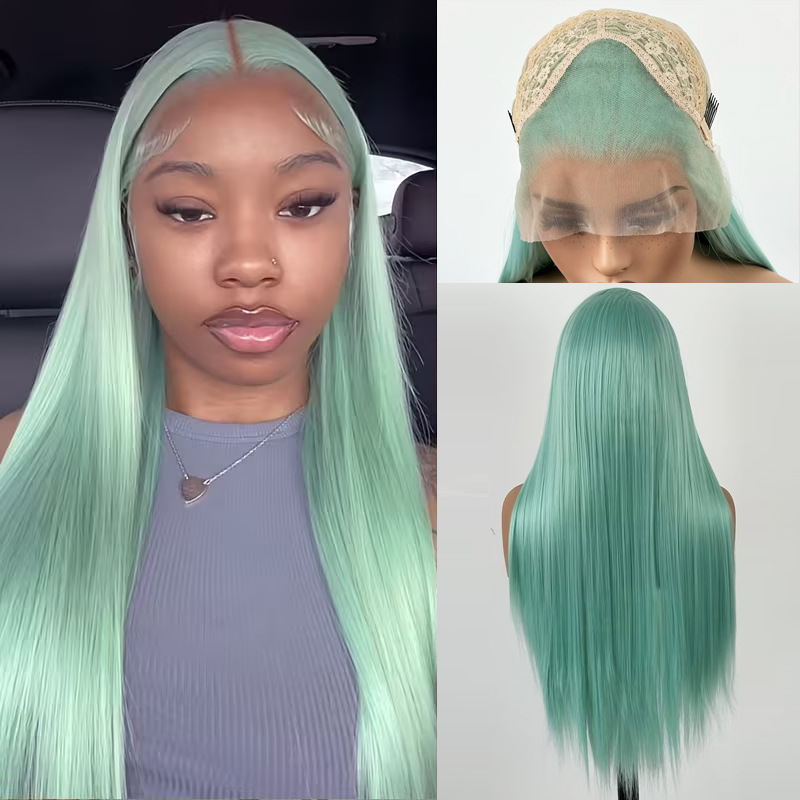 Nuevos productos europeos y estadounidenses de moda fibra química frente encaje azul verde pálido cabello largo recto medio tejido de mano peluca comercio exterior al por mayor