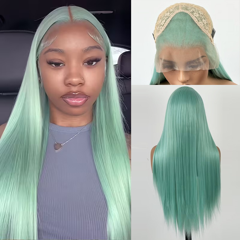 European and American New Fashion Synthetic Fiber Lace Front Wig Light Blue-Green Long Straight Hair Half Hand-Woven Wig Wholesale for Export