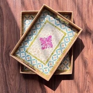 French Imported Rattan Shell Tray Fruit Tray Home Living Room Coffee Table Rectangular Storage Tray Retro B&B Tea Tray