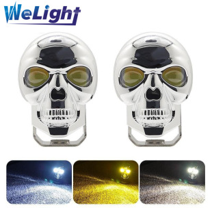 Harley external motorcycle headlight ghost fire skull led spotlight strong light yellow and white two-color retro special-shaped lamp