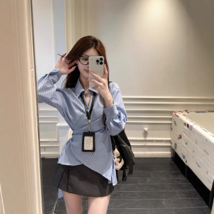 Real Shot 2025 Korean Side Lace-up Waist Cross Small Lapel Shirt Women's Early Spring Striped Shirt Top Women