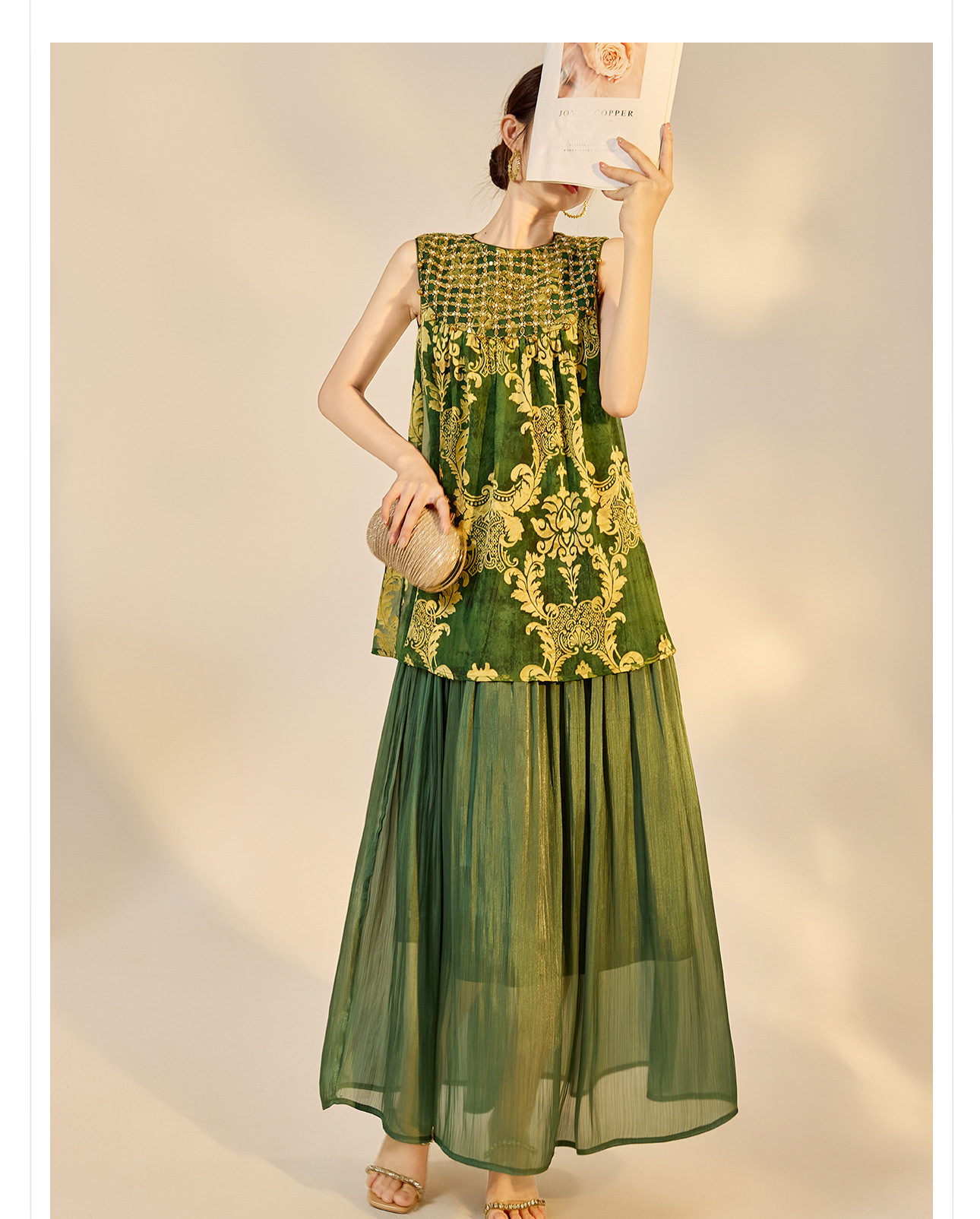 Đầm maxi nữ phong cách Trung Hoa mới, tay không, đính cườm lụa, dáng thắt eo N6041 — màu vàng, xanh lá cây chi tiết 17