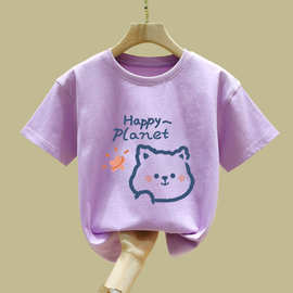 童装儿童纯棉t恤女童短袖洋气中大童纯棉圆领上衣卡通女孩夏宽松