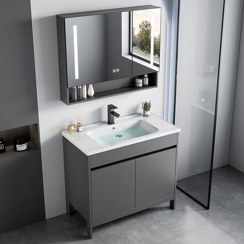 Space Aluminum Floor-Standing Washbasin Bathroom Cabinet Set for Home Use, Ceramic Integrated Washstand Basin