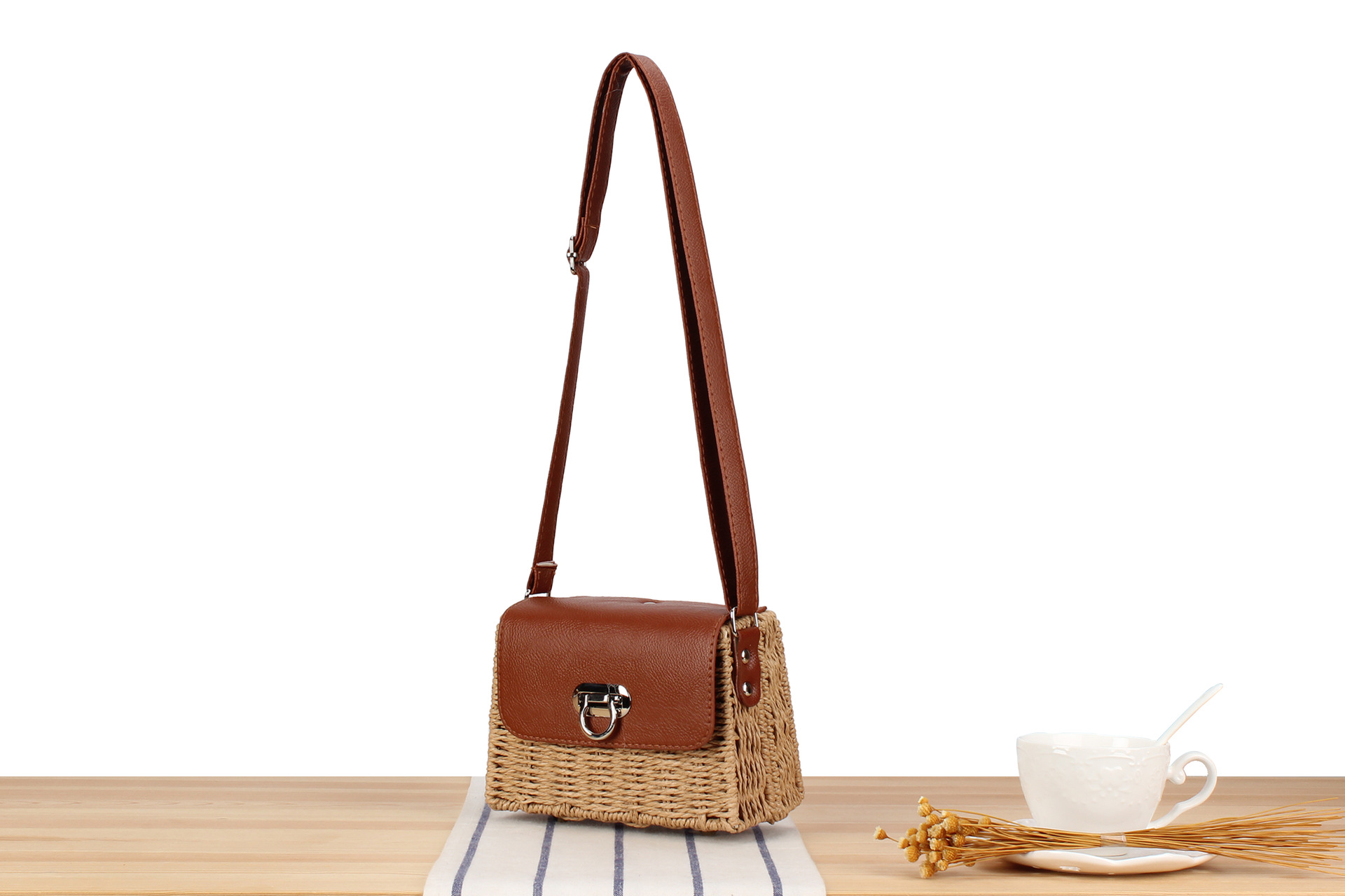 Women's Small Paper String Color Block Vacation Beach Weave Lock Clasp Straw Bag display picture 8