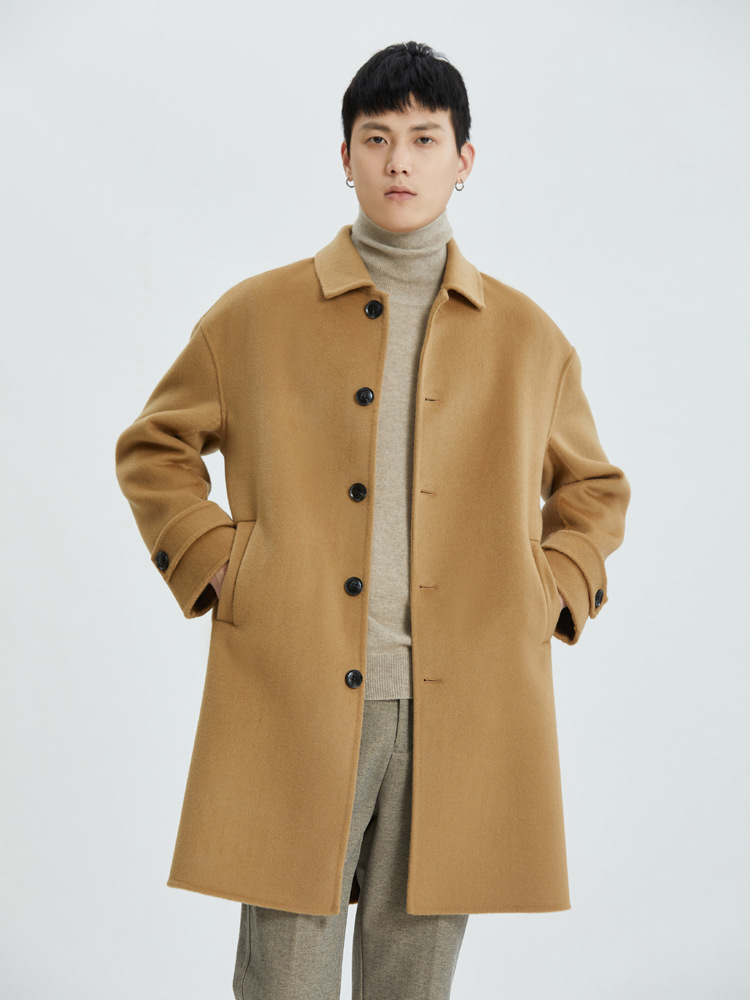 남자 가을과 겨울 양면 양모 코트 남자 옷깃 하이 엔드 루즈 숄더 드롭 중간 길이의 울 코트 코트