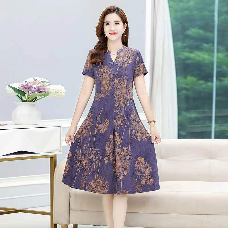 High-Quality Button Ice Silk Summer Middle-Aged And Elderly Mother's Wear New High-End Stylish Qipao Dress For Women_ecoleips.com