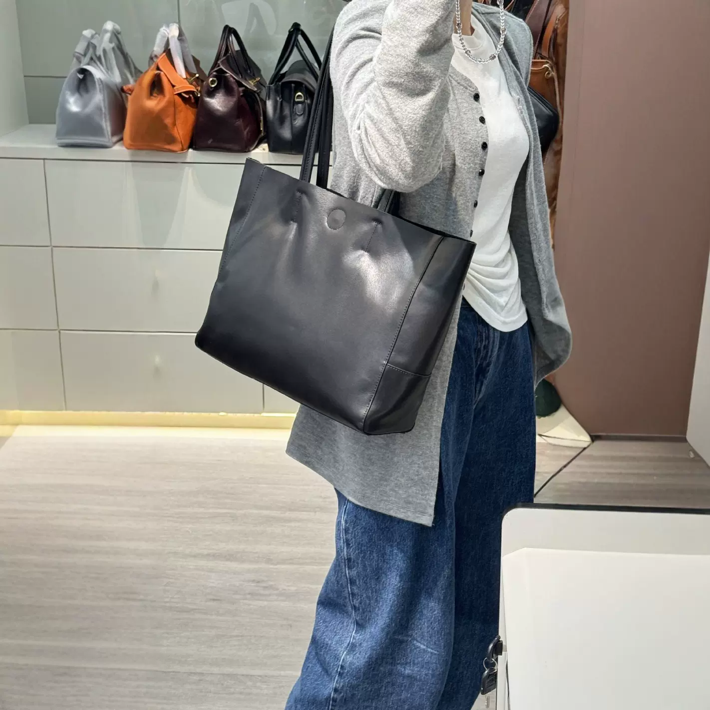 工厂原创设计头层牛皮托特包包女横款大容量真皮手提单肩包腋下包