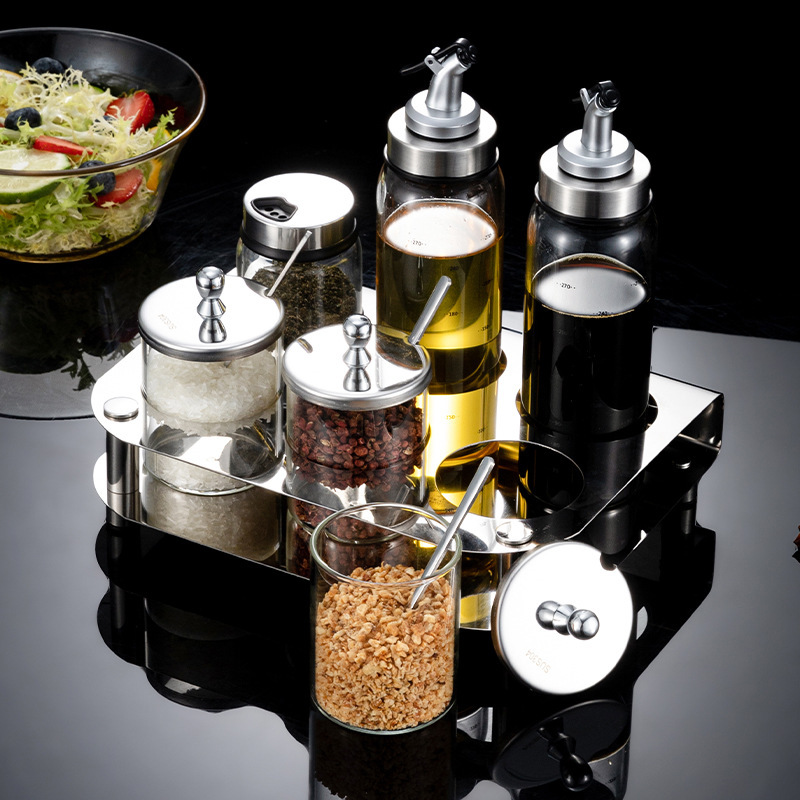 Seasoning rack 304 stainless steel seasoning jar suit high borosilicate glass household kitchen seasoning bottle seasoning bottle salt jar