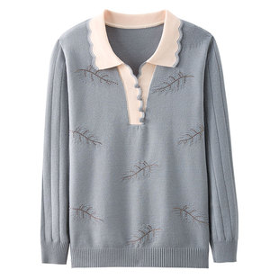 Mom's New Autumn Style Knitted Bottoming Shirt 2025 Middle-Aged and Elderly Women's Spring & Fall Lapel Long-Sleeved Sweater Tops