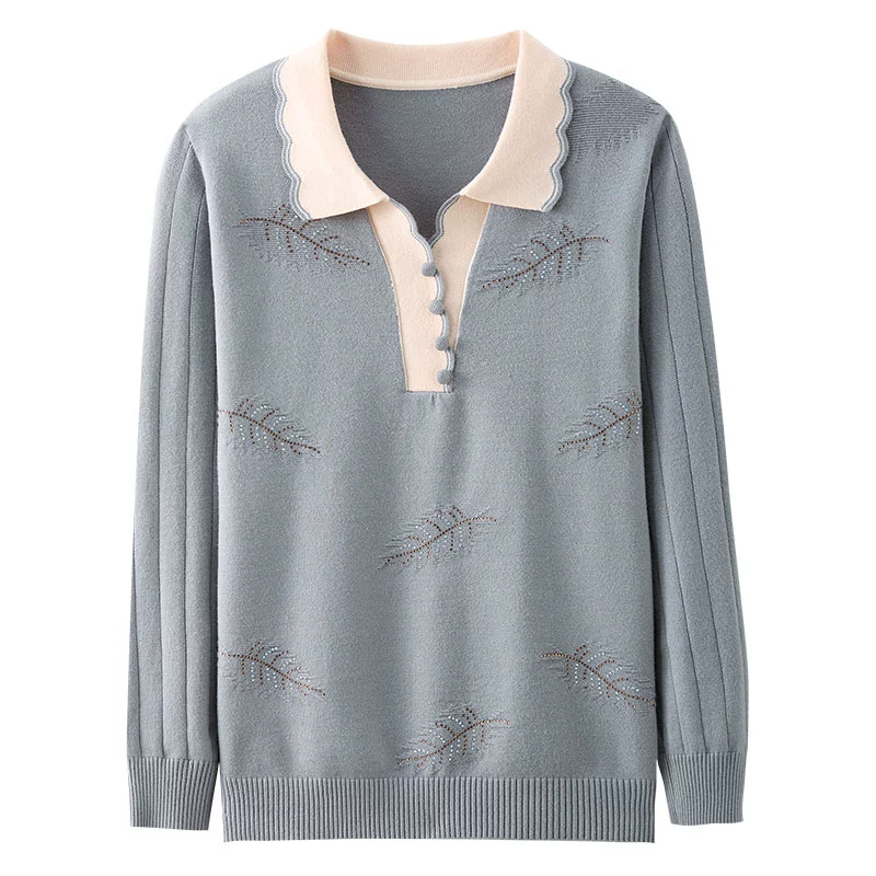 Новая осенняя стильная трикотажная рубашка для мамы 2025, женские весенне-осенние свитера с длинными рукавами и лацканами среднего и пожилого возраста