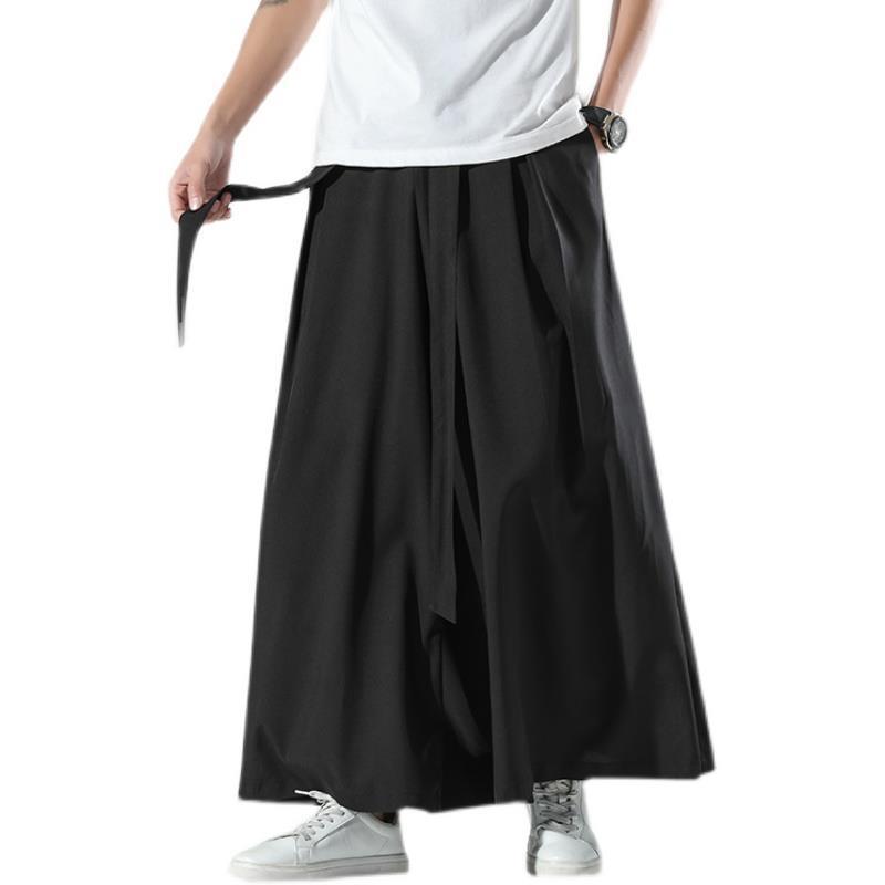 Pantalones de pierna ancha de seda de hielo de verano para hombres sueltos rectos más tamaño Delgado culottes estilo chino retro Hanfu Pantalones