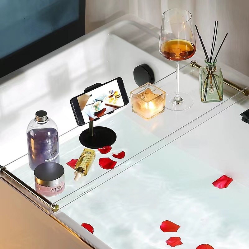 Estante de bañera de acrílico nórdico Estante de bañera de lujo largo y ligero Estante de bañera Soporte transparente Estante de baño Hotel SPA