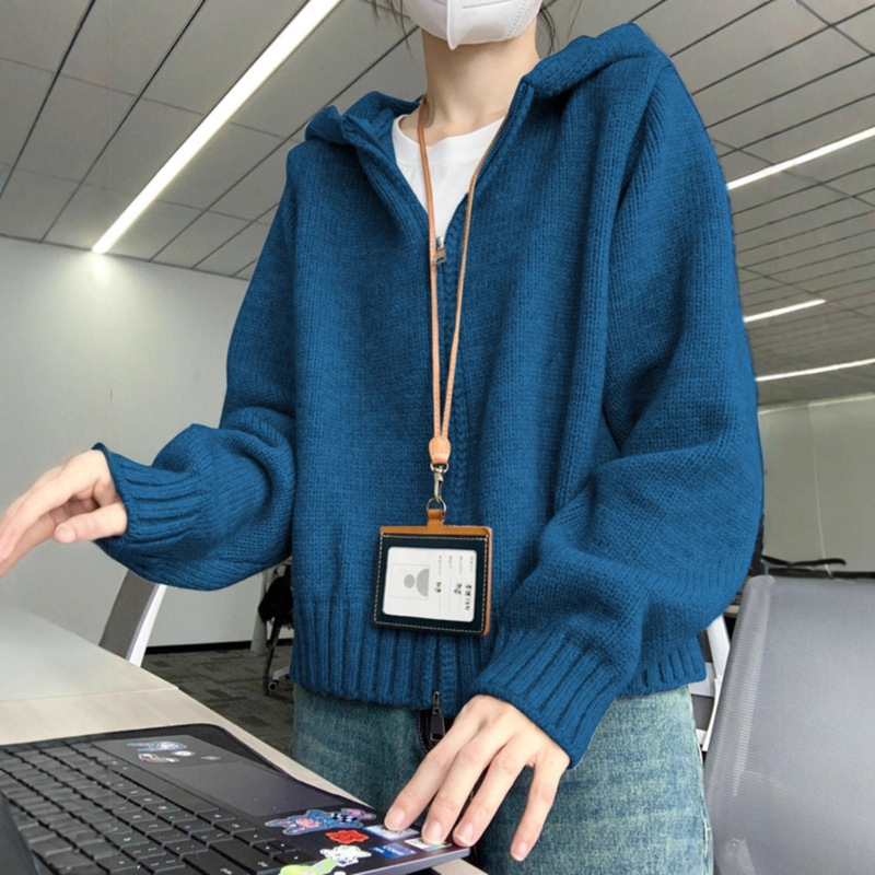 Trendy Student Hooded Sweatshirt Knitted Cardigan Sweater for Women Autumn and Winter Fashion Soft Solid Color Versatile Jacket Top Thick Trendy Student Hooded Sweatshirt Knitted Cardigan Sweater for Women Autumn and Winter Fashion Soft Solid Color Versatile Jacket Top Thick