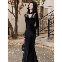 法式赫本风高级感丝绒修身包臀鱼尾长裙时尚气质感连衣裙2025秋冬