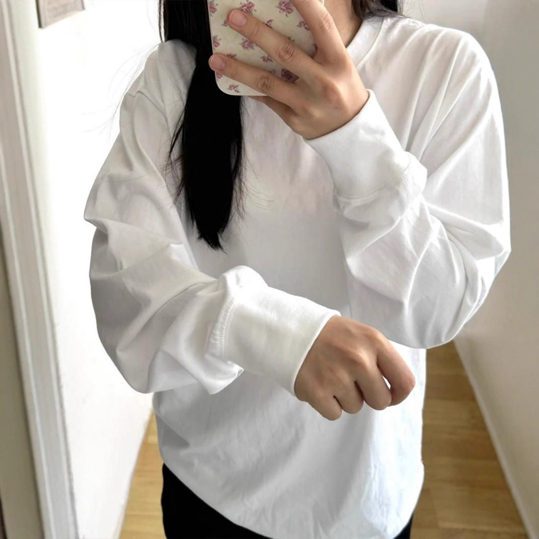 Wholesale Pure Cotton Round Neck Long-Sleeved T-Shirt for Women Spring & Fall White Layered Top Pure Color Basic Loose Inner Layering Shirt