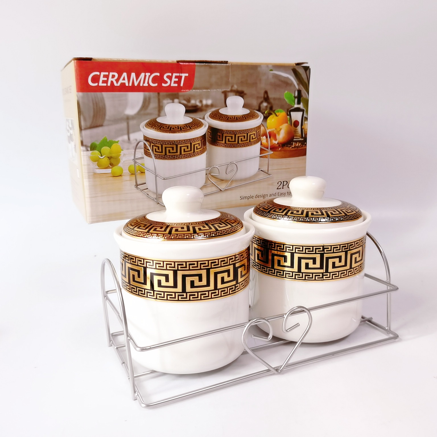 Exportación transfronteriza 2-pack cerámica chapado en oro condimento tarro con estante de hierro cocina condimento botella té tarro Oriente Medio