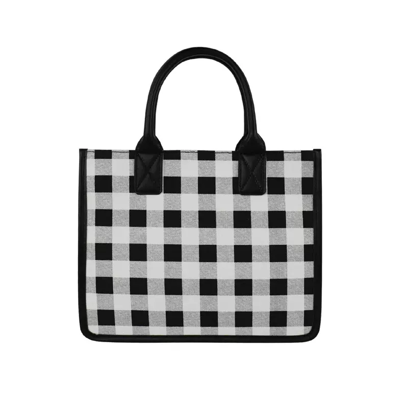 手提拖特包 pu皮单肩小方包 帆布黑白格子包 女士藏灯通勤包定制