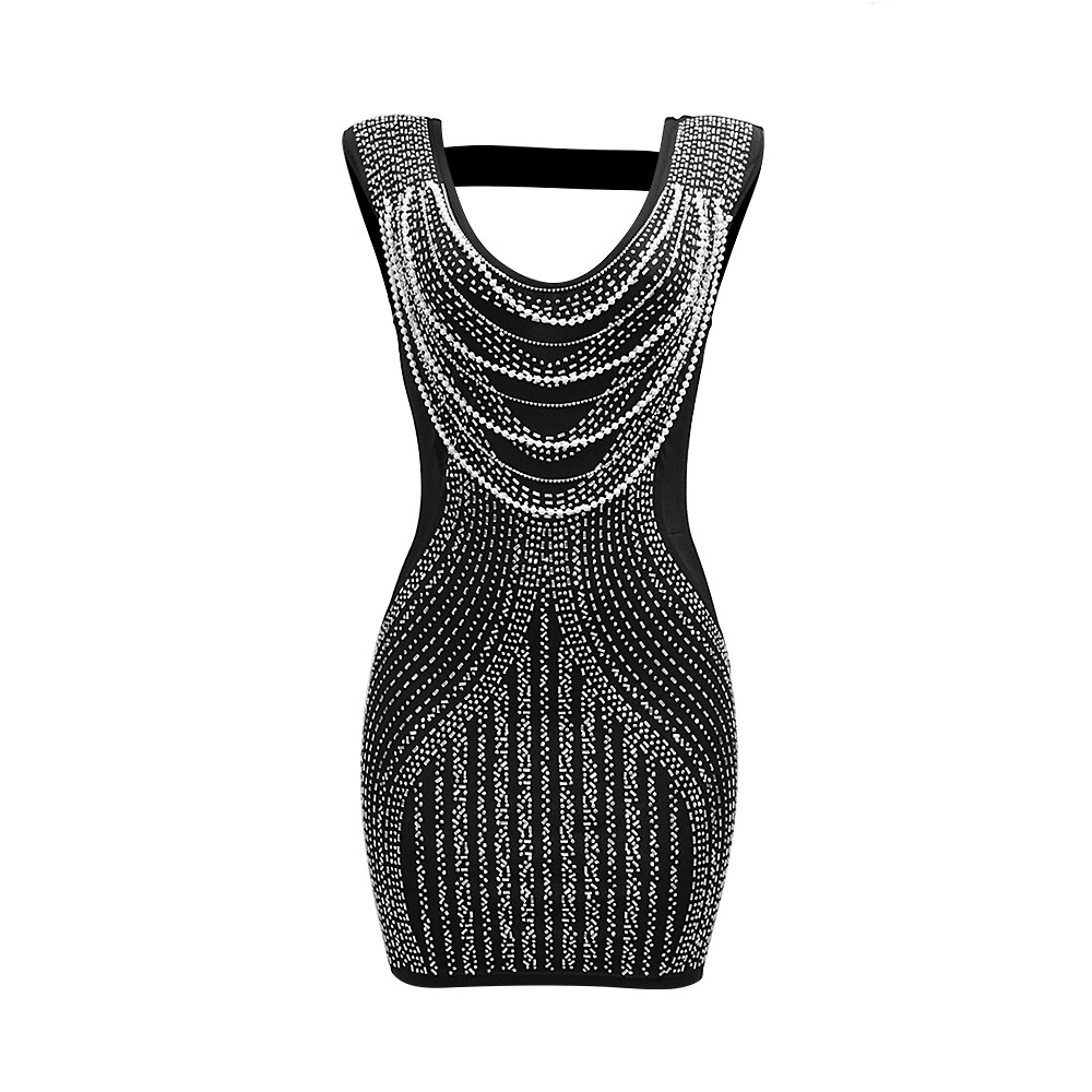 Deep V Plunge neck Sleeveless Sheath Rhinestone Dress Women Sexy Evening Dress Hollow Out Cutout