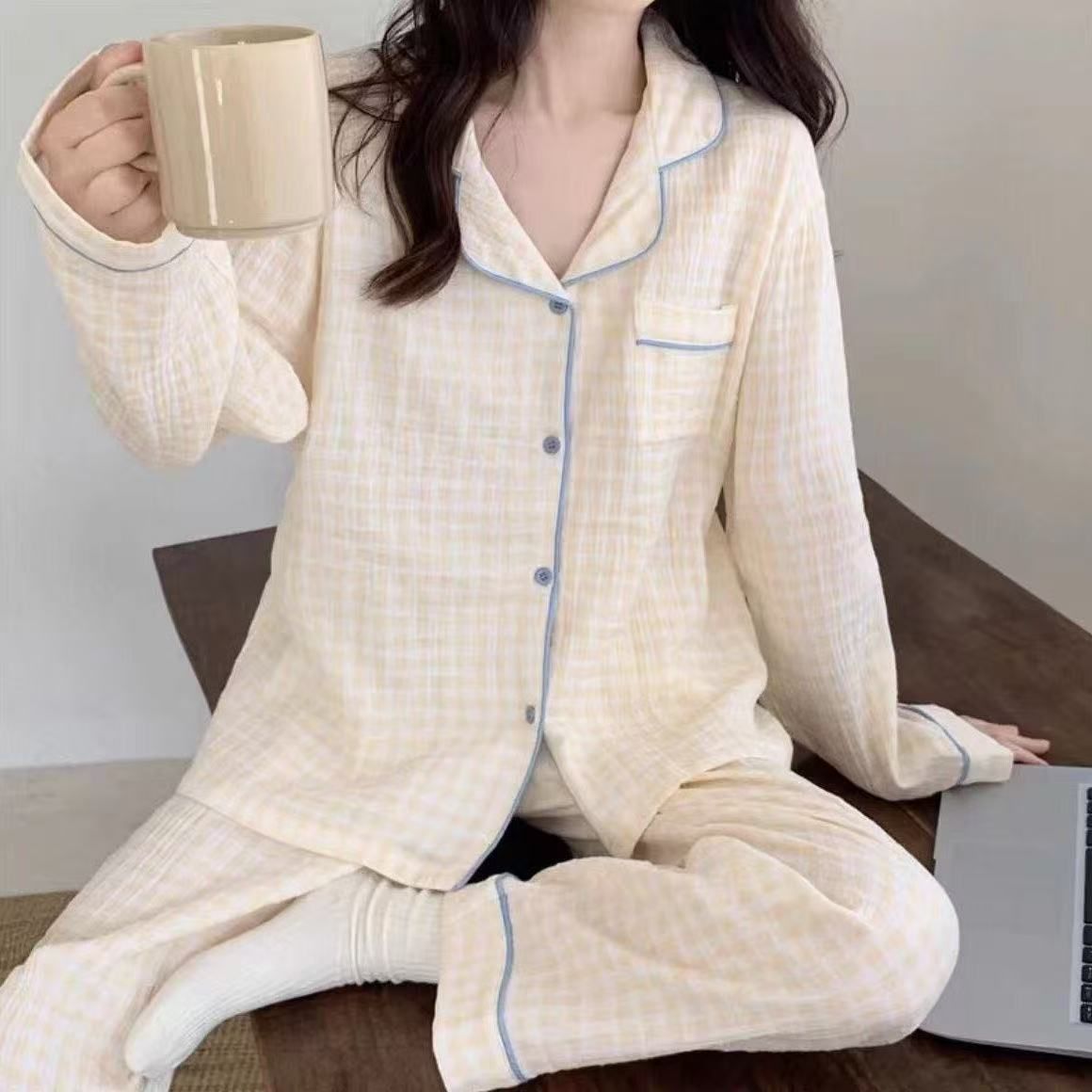 Pijama mujer primavera y otoño burbuja crepé rebeca hoyo rayas cuadros Dongdaemun pantalones de manga larga traje de servicio a domicilio suelto