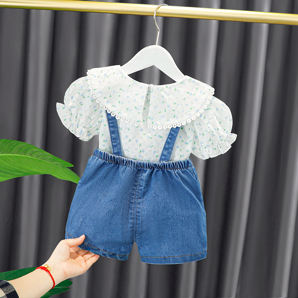 Summer new children's suit children's clothing generation hair girl doll collar lovely braces shorts two-piece suit 1622