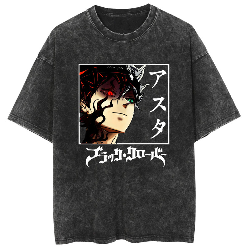Washed Vintage T-Shirt Street Hip Hop Anime Black Clover Casual Cotton Summer Short Sleeve Washed Vintage T-Shirt Street Hip Hop Anime Black Clover Casual Cotton Summer Short Sleeve