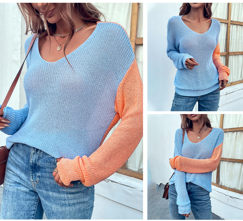 V-neck contrast color backless knitted sweater NSMMY138985