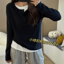 假两件撞色T恤女上衣2025春季纽扣设计长袖拼接韩版设计感打底衫