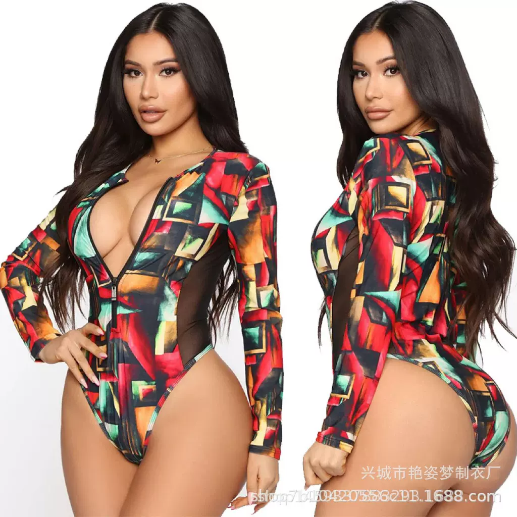 2022新款跨境冲浪服女几何印花拼纱防晒大码肥婆连体保守泳衣欧美