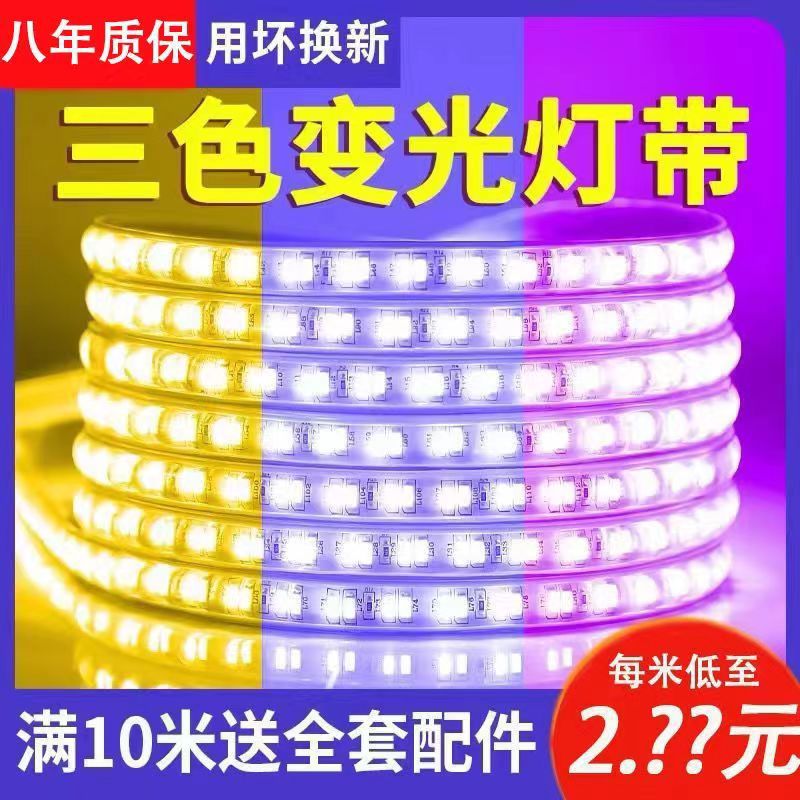 Tira de luz LED para techo con atenuación de tres colores, 220V, impermeable, para exteriores, de tres filas, rollo de 100 metros, brillo ajustable para publicidad.