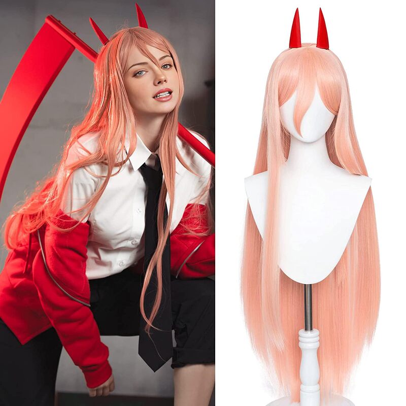 chainsaw man pawa chainsaw man vigorously power 80cm cos wig pink long bangs pawa horn