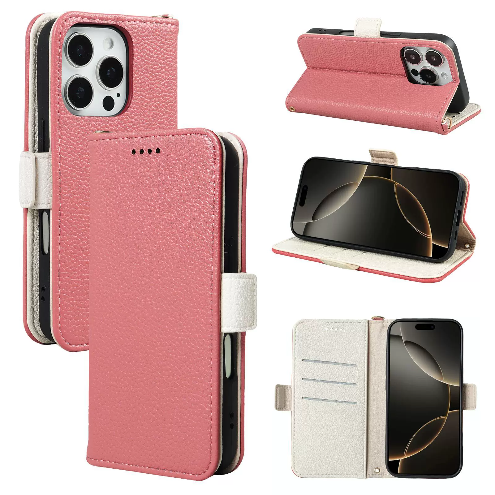 适用苹果iPhone16E荔枝纹侧扣NFC功能钱包11手机皮套12翻盖手机壳