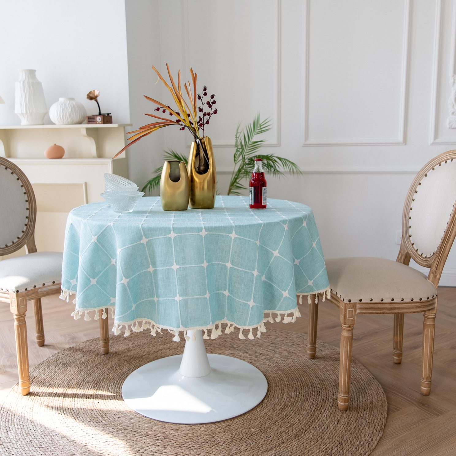 7호 제이드 그린..자수 미디엄 체크무늬 태슬 식탁보